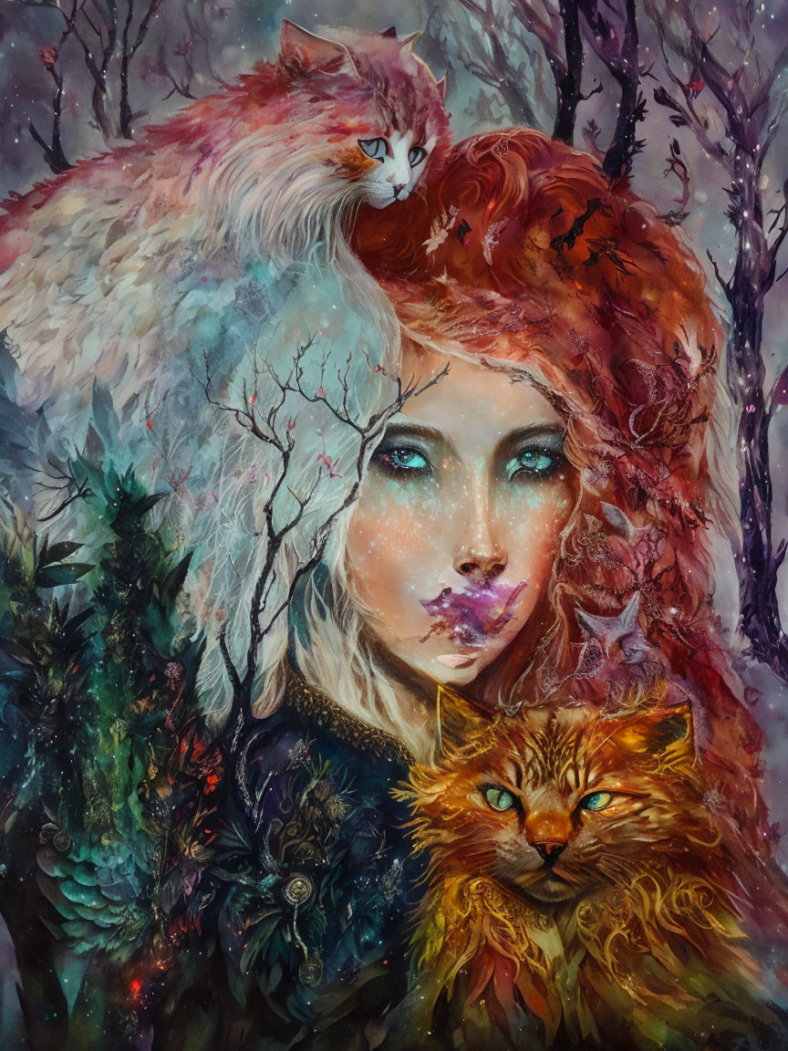 Woman with Cats in Enchanted Forest Painting