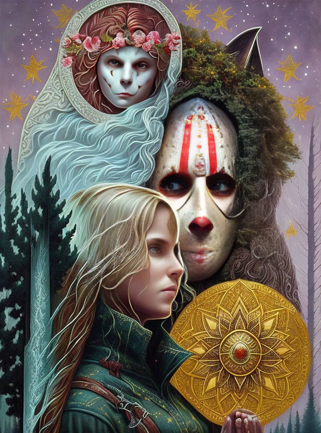 Blond girl, masked figure, and spectral face in forest setting