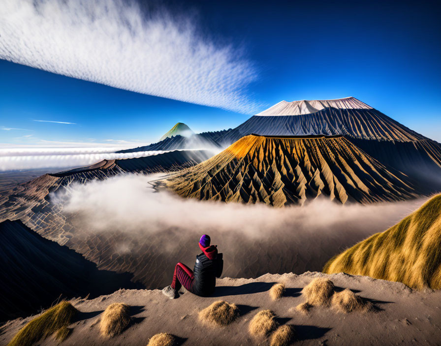 Traveler admires majestic volcanoes from mountain ridge