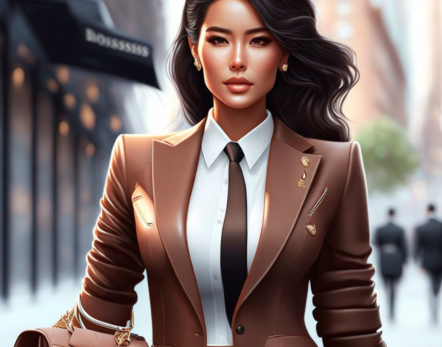 Sophisticated woman in brown blazer and tie on city street