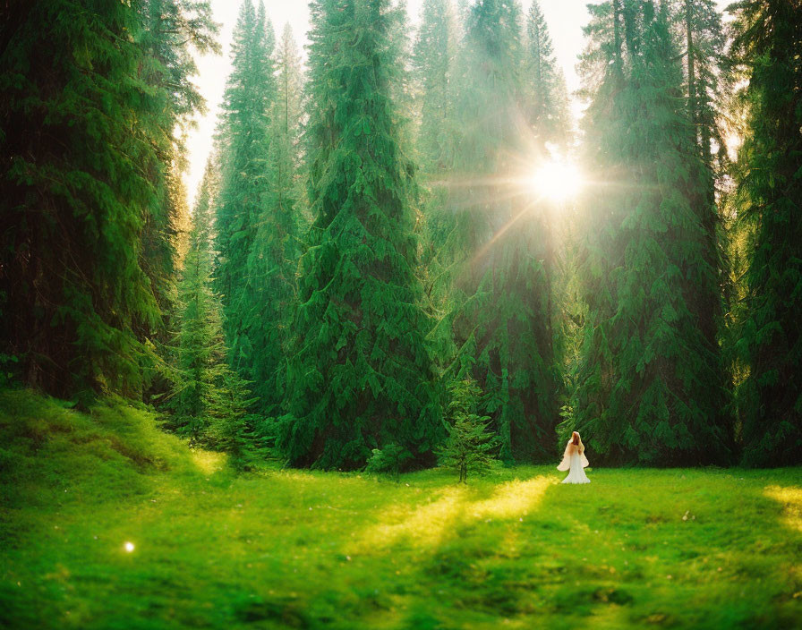 Bride in white dress in sunlit forest clearing