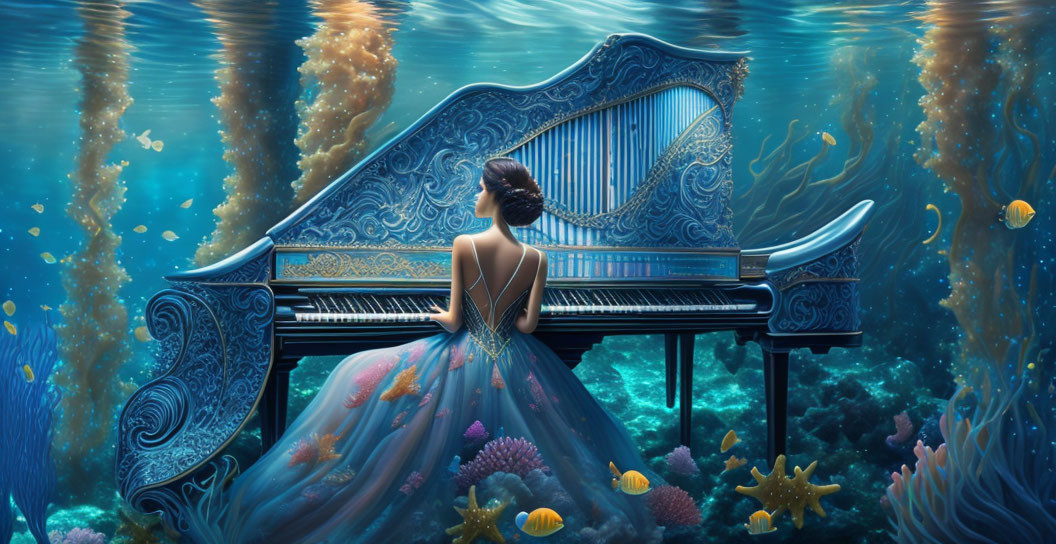 Woman in elegant gown at ornate piano in vibrant underwater scene