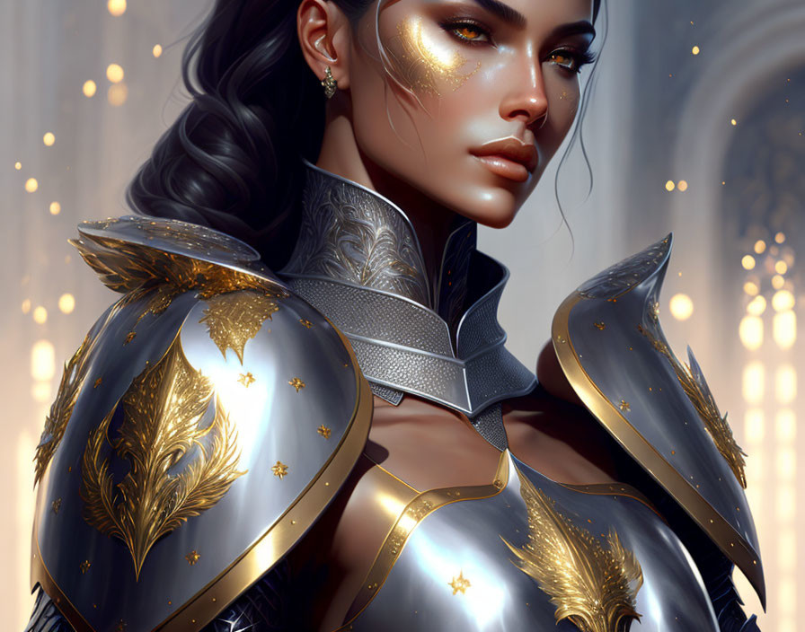 Digital artwork: Woman in dark hair, ornate gold armor with glowing details