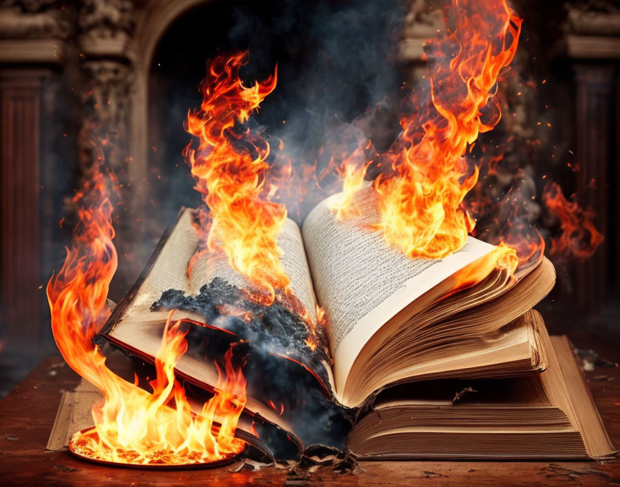 Burning open book on wooden surface in vintage room