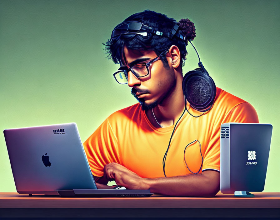 Focused individual with glasses and headphones working on laptops against gradient background