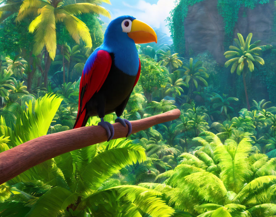 Colorful Animated Toucan in Sunlit Jungle Setting