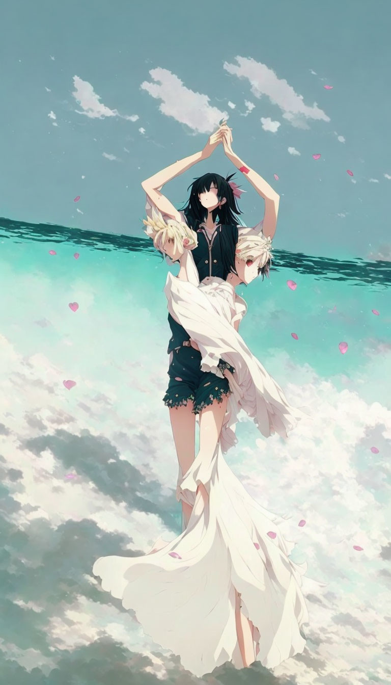 Male figure with ethereal females on beach with petals - Illustration