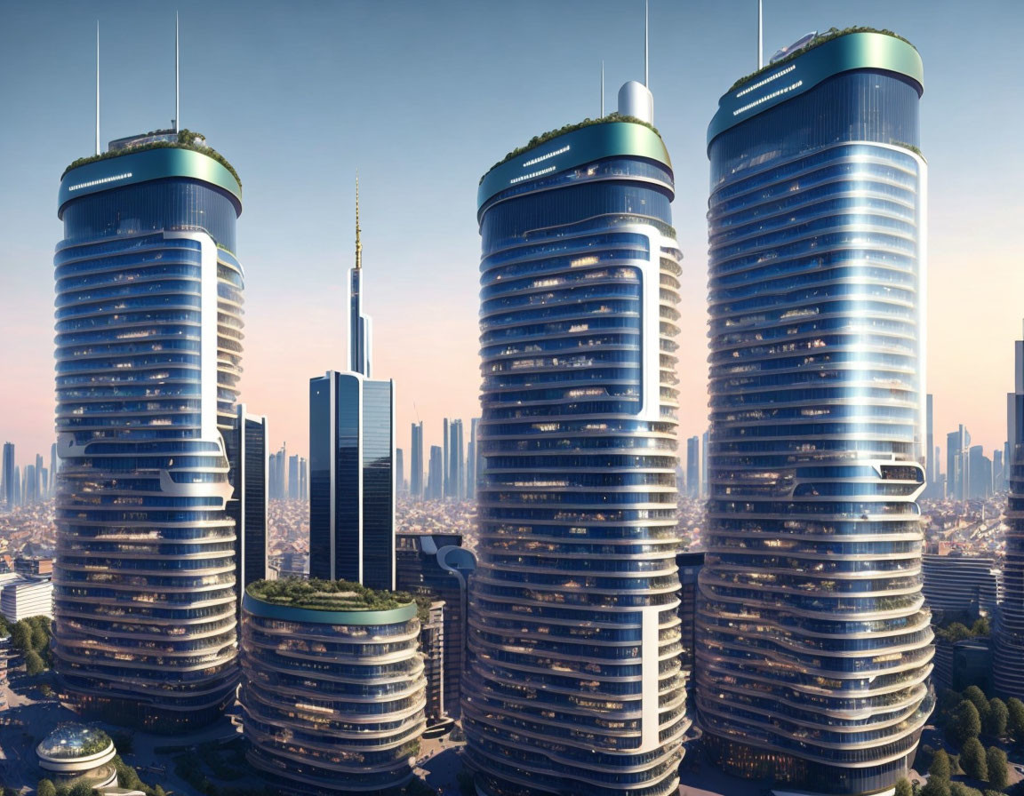 Futuristic cityscape with cylindrical skyscrapers and lush terraces at sunset