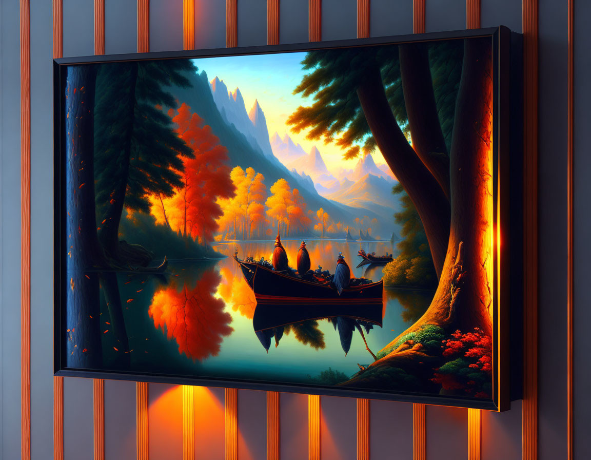 Vibrant autumnal landscape painting with sunset, trees, lake, boat, and striped wallpaper