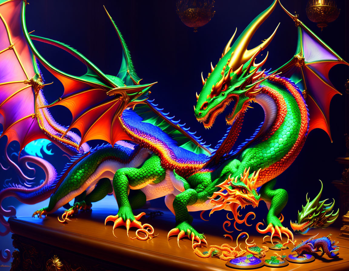 Colorful dragon artwork with intricate scales and large wings on dark background.