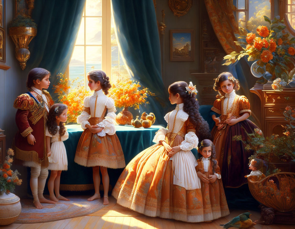 Vintage clothing children gather in ornate, sunlit room