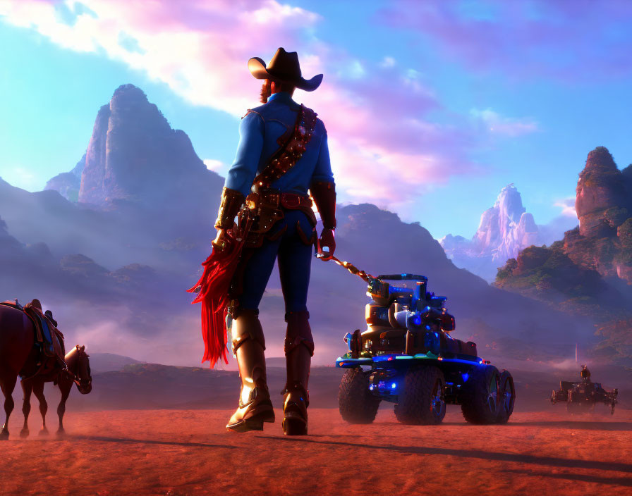 Stylized animated cowboy with horse and futuristic motorcycle at sunset