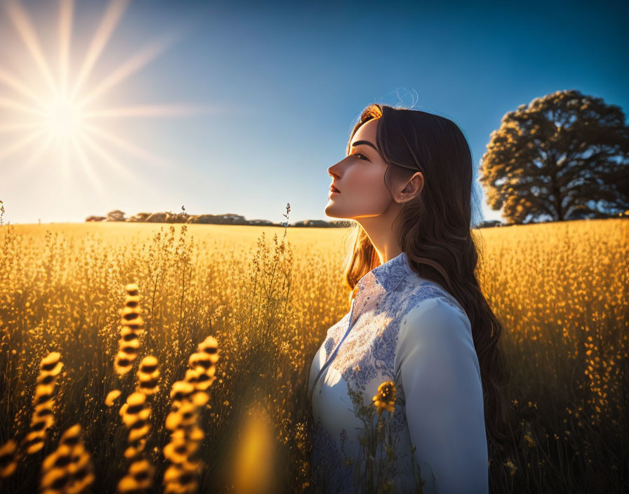 Woman in Field at Sunset with Golden Tall Grass