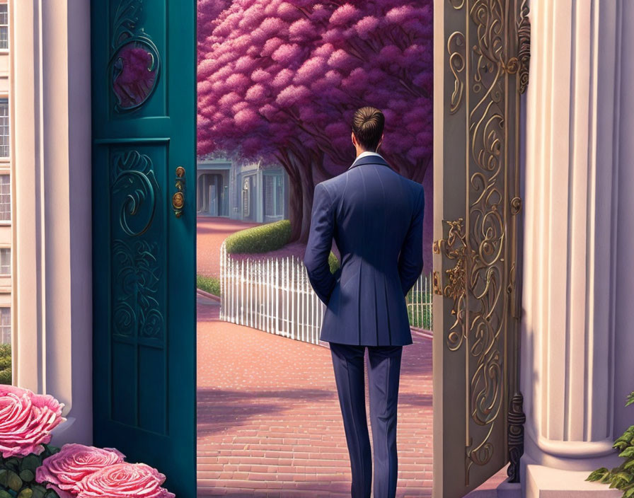 Person in Blue Suit Standing at Open Doorway overlooking Pink Trees and Trimmed Hedge