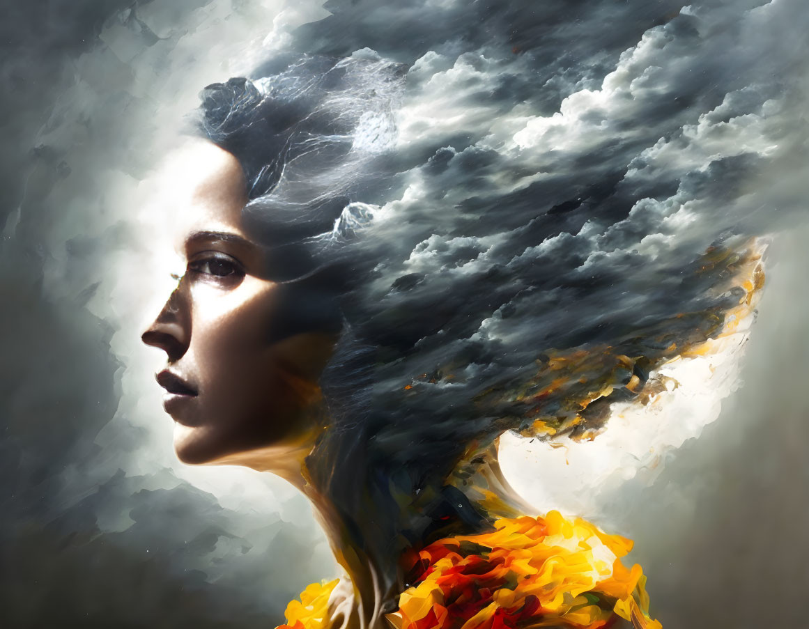 Woman's Profile with Hair Transforming into Stormy Cloud and Fiery Flowers