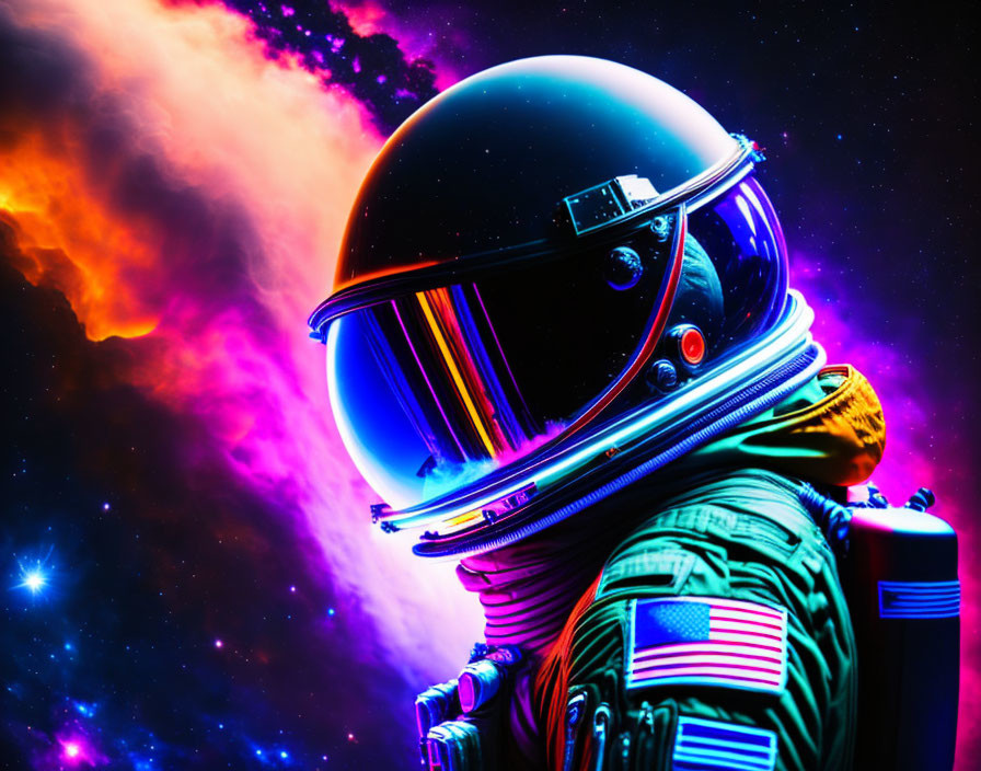 Astronaut in reflective helmet and suit in cosmic setting