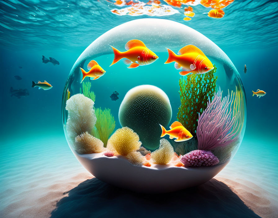 Surreal spherical aquarium with coral and tropical fish in water-filled setting