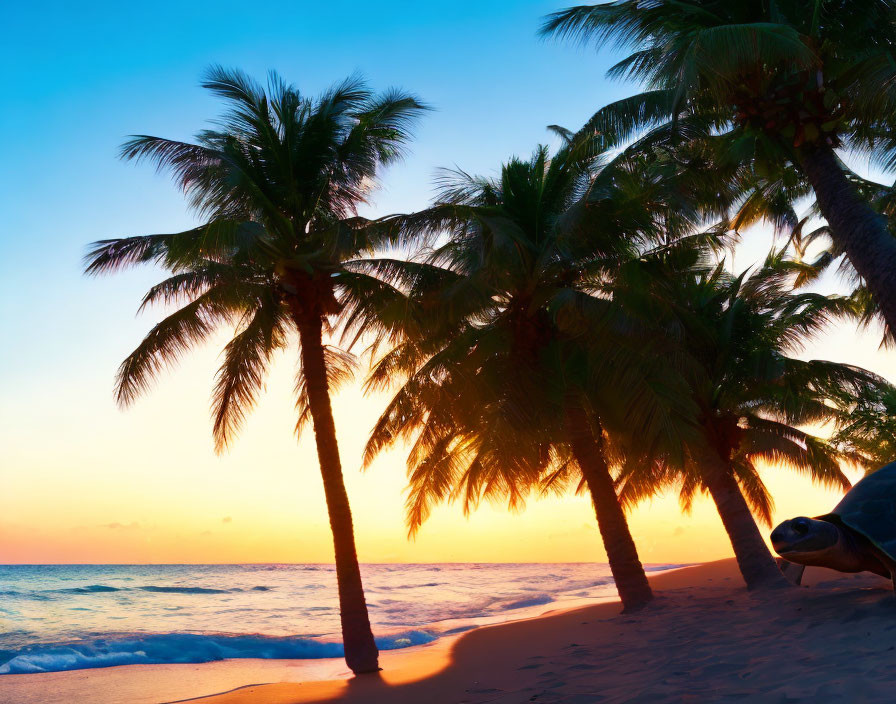 Sunset tropical beach scene with palm trees, turtle, and vibrant sky