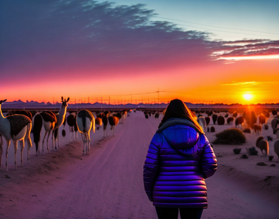 Person in Purple Jacket Walking Among Ostriches at Sunrise or Sunset