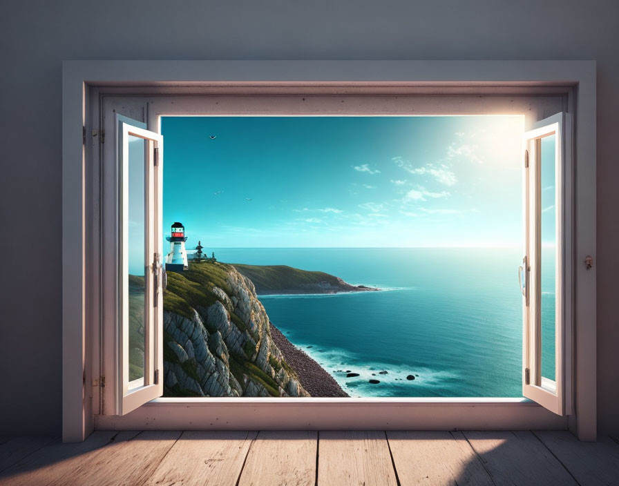 Coastal lighthouse view from wooden-floored room