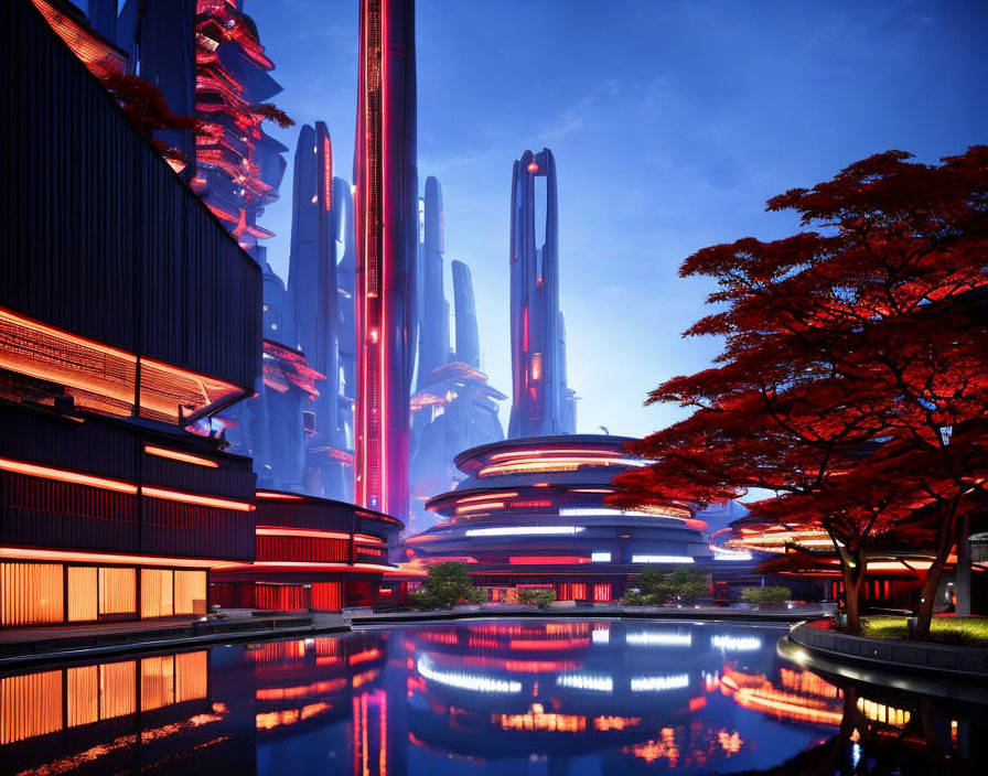 Futuristic cityscape with neon lights, skyscrapers, reflective water, red trees