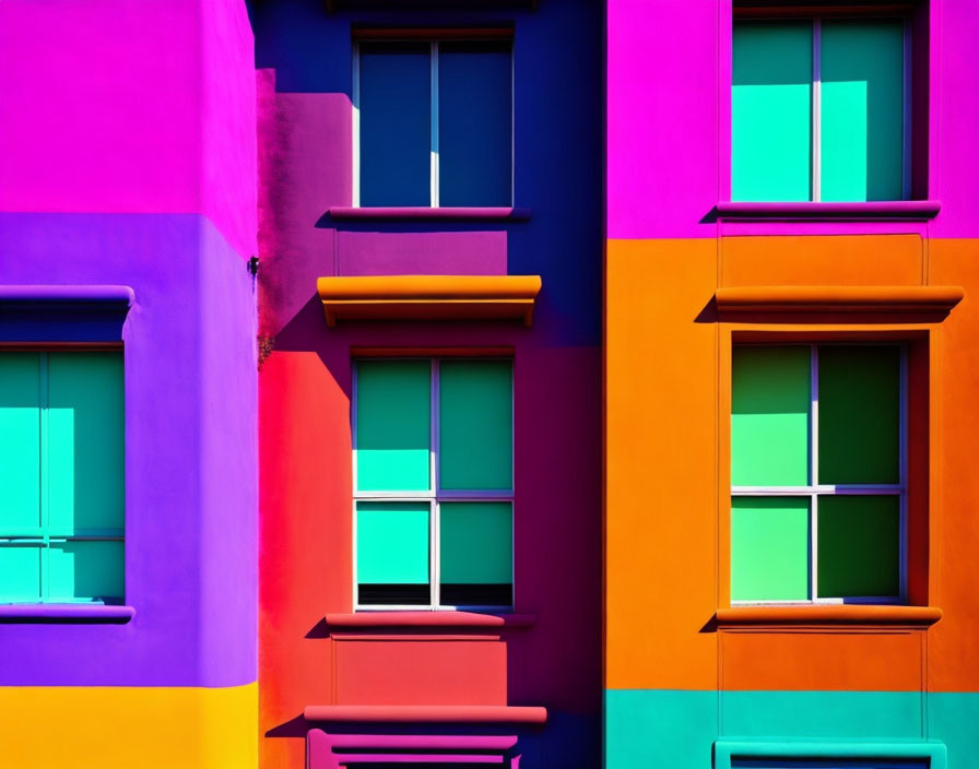 Colorful symmetrical building façade with vibrant purple, pink, turquoise, and orange walls and contrasting