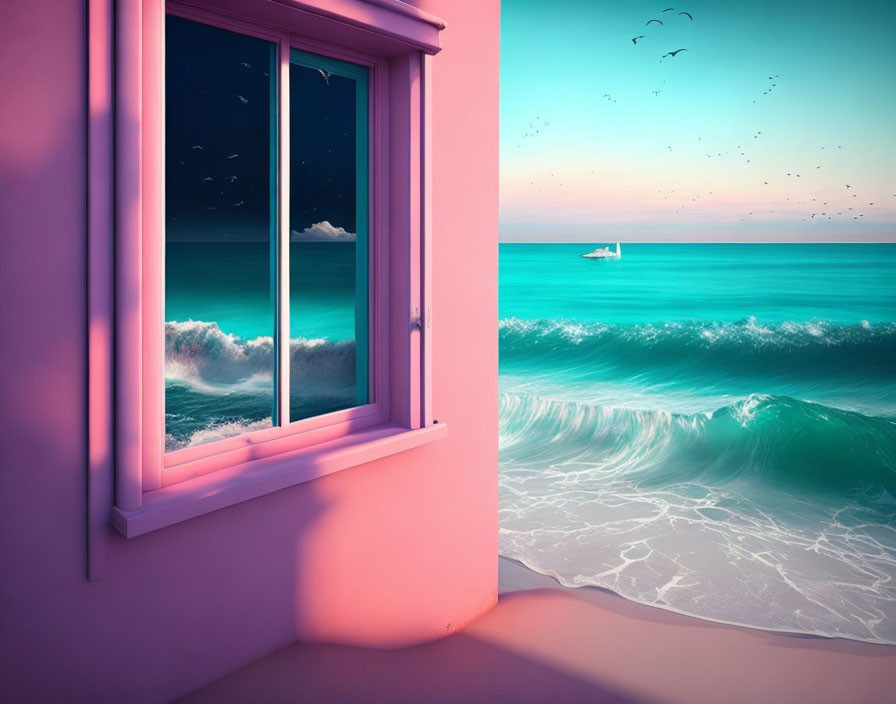 Surreal pink-hued beach scene with turquoise waves and sailboat