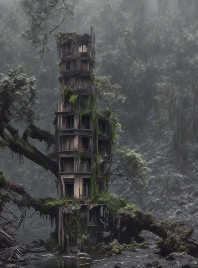 Overgrown ancient tower in foggy forest by murky riverbank