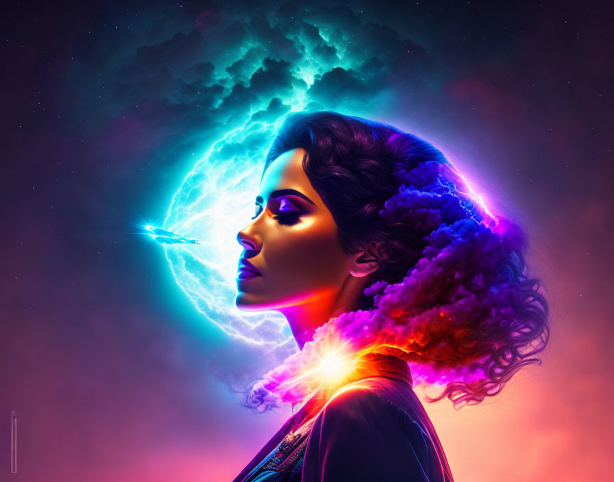 Colorful digital portrait of a woman with cosmic theme and neon colors