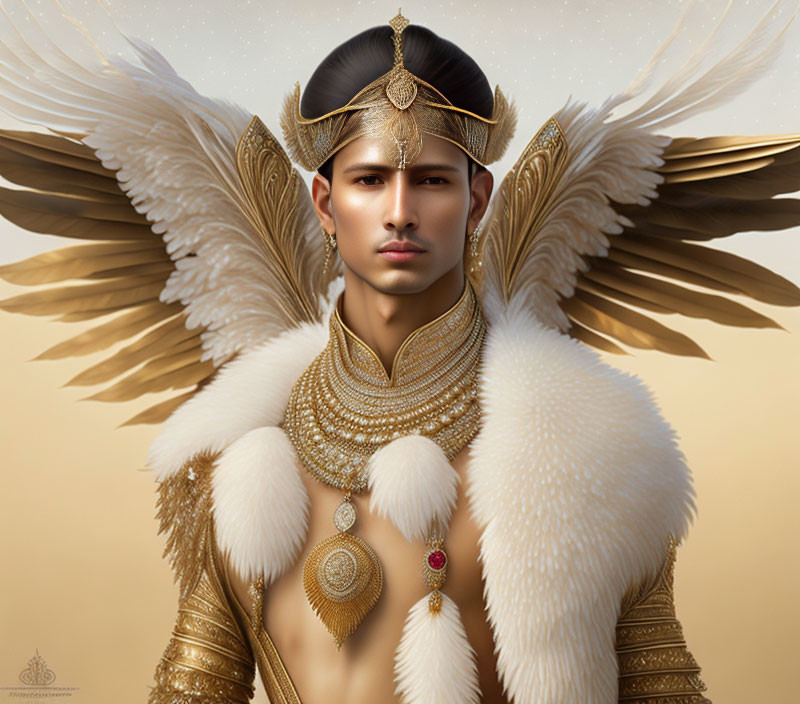 Regal figure with golden wings and ornate jewelry