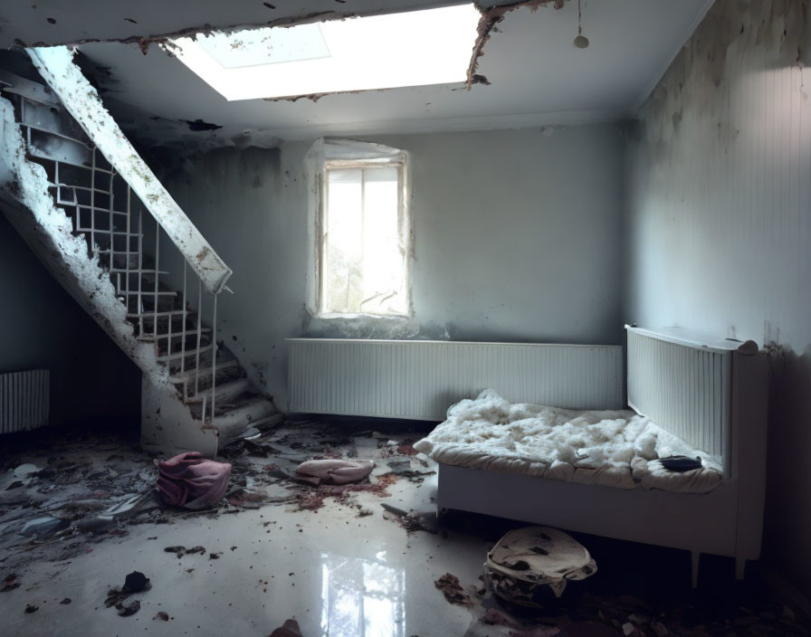 Neglected room with damaged ceiling, dirty mattress, debris, and broken staircase.