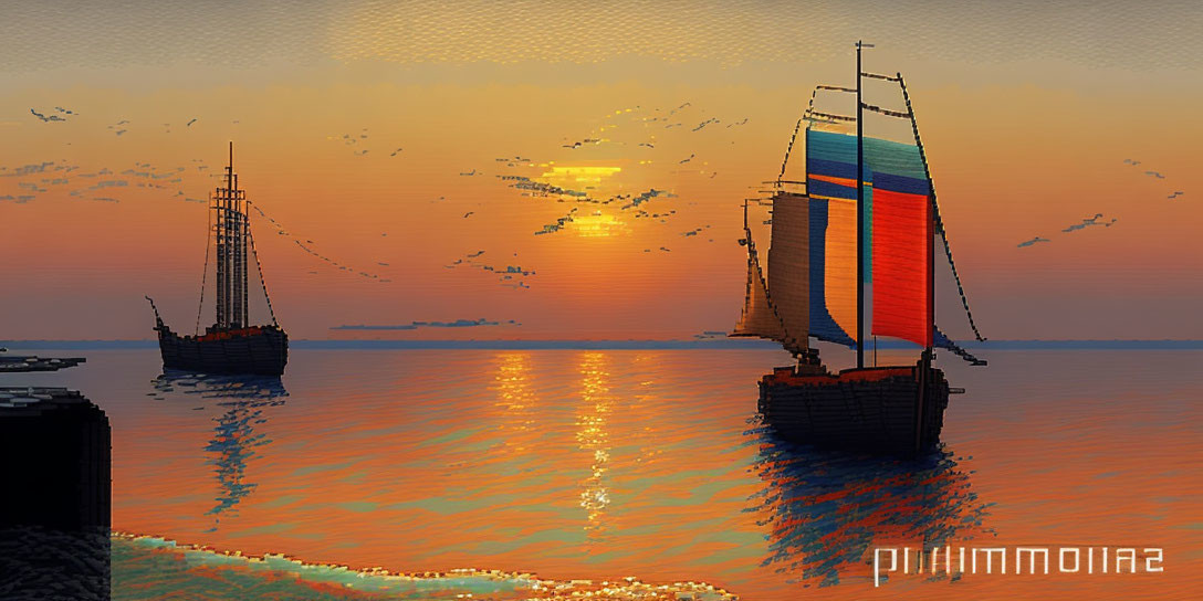 Sailing ships pixel art: sunset ocean scene