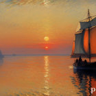 Sailing ships pixel art: sunset ocean scene