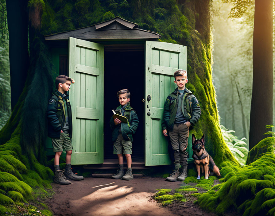 Scout children and dog by green wooden hut in lush forest