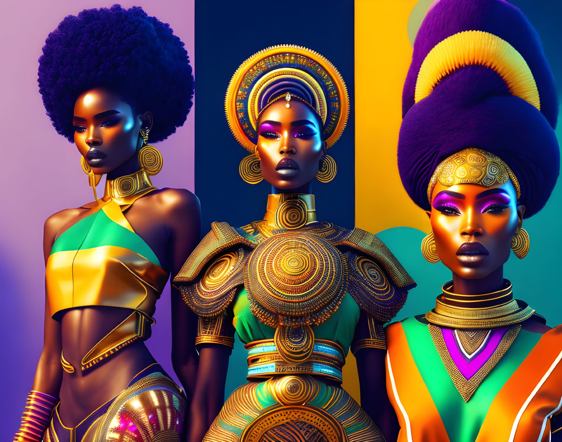 Stylized women with African-inspired hairstyles and golden jewelry on colorful background