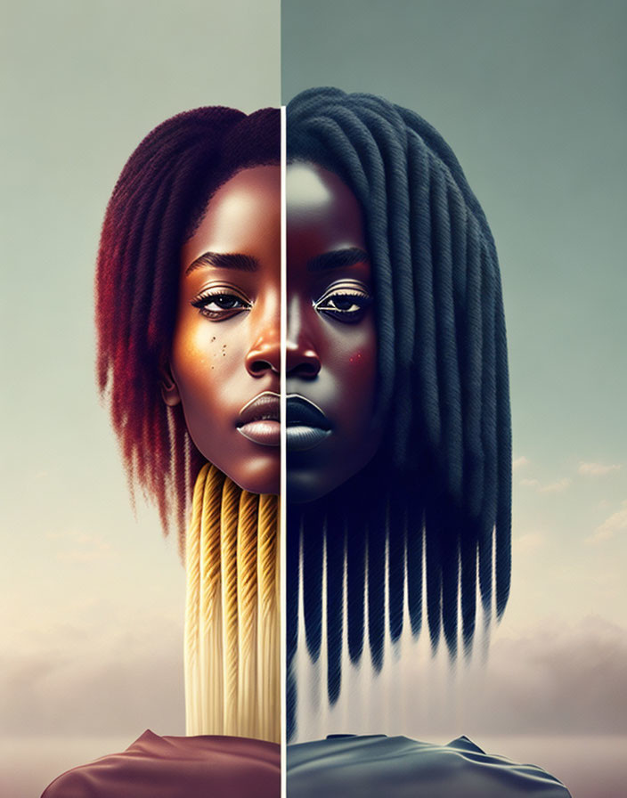 Split digital artwork: Woman's dual portraits with varied styles and colors, blending realism and surrealism.