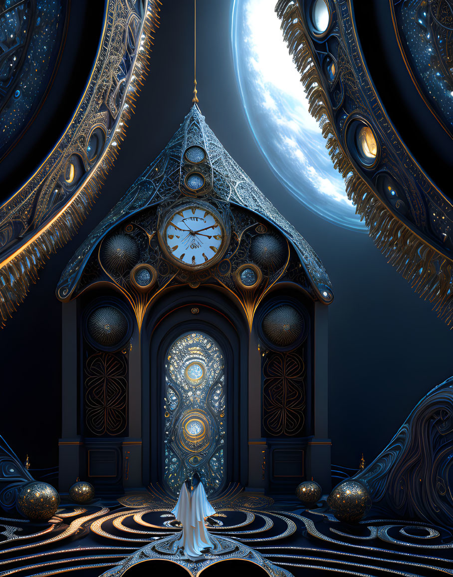 Surreal image of clock tower door, kneeling figure, celestial bodies, ornate patterns