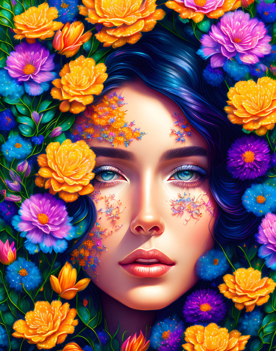 Colorful Floral Woman Portrait with Intricate Patterns