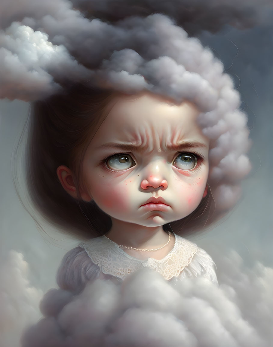 Digital painting of young girl with pouty expression in cloud-like hair.