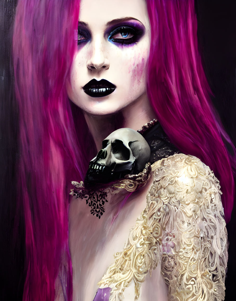 Gothic figure with purple hair and skull shoulder in dark setting