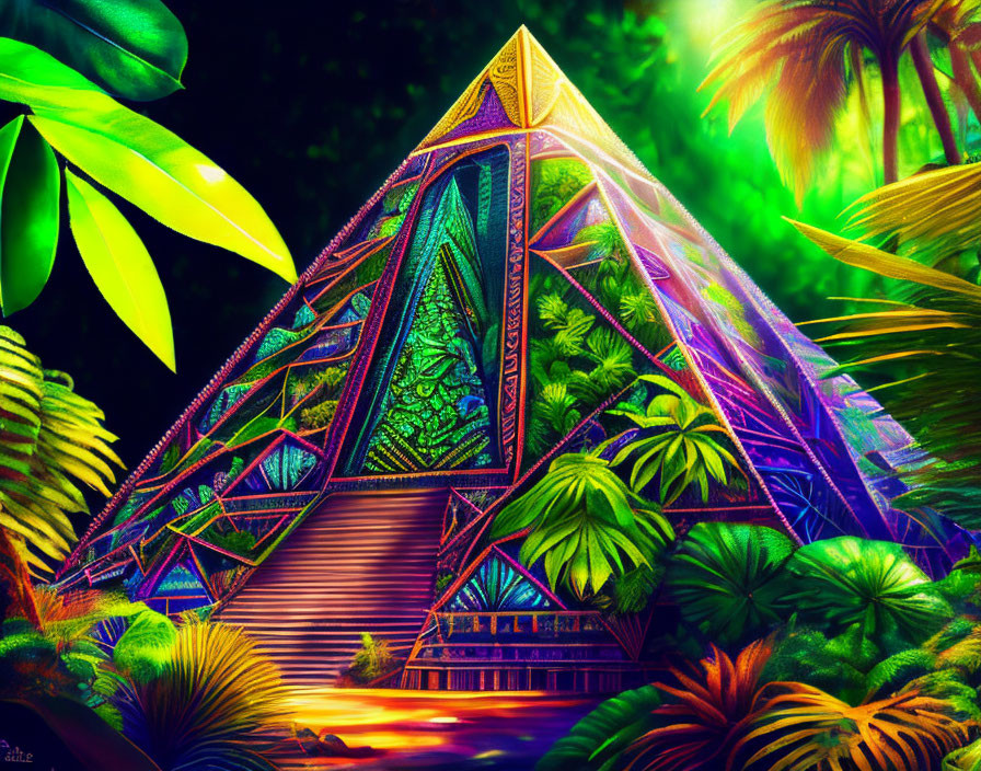 Colorful Psychedelic Glass Pyramid in Jungle Setting