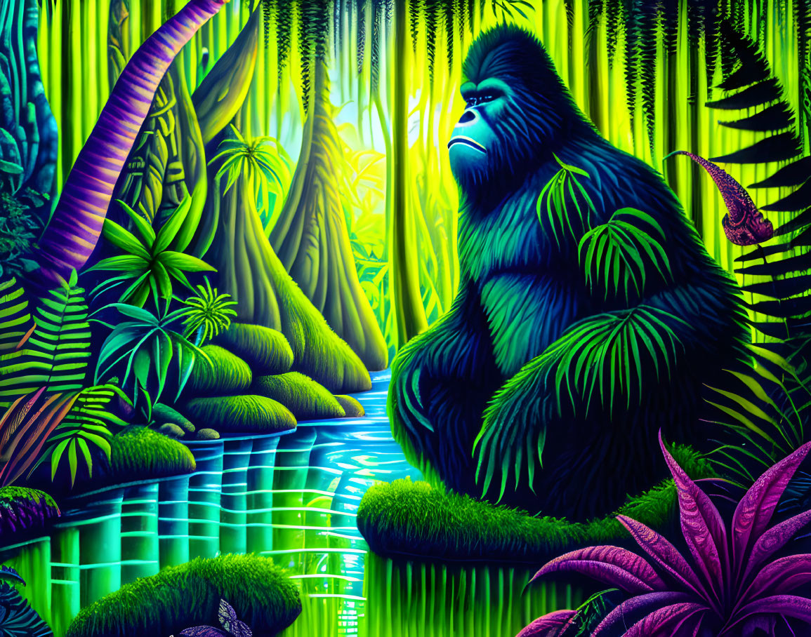 Colorful Gorilla in Neon Jungle with River