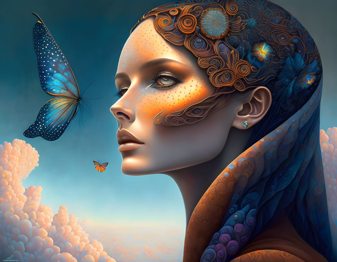 Digital artwork: Woman with blue hair and decorative patterns gazing at a butterfly in dreamy background