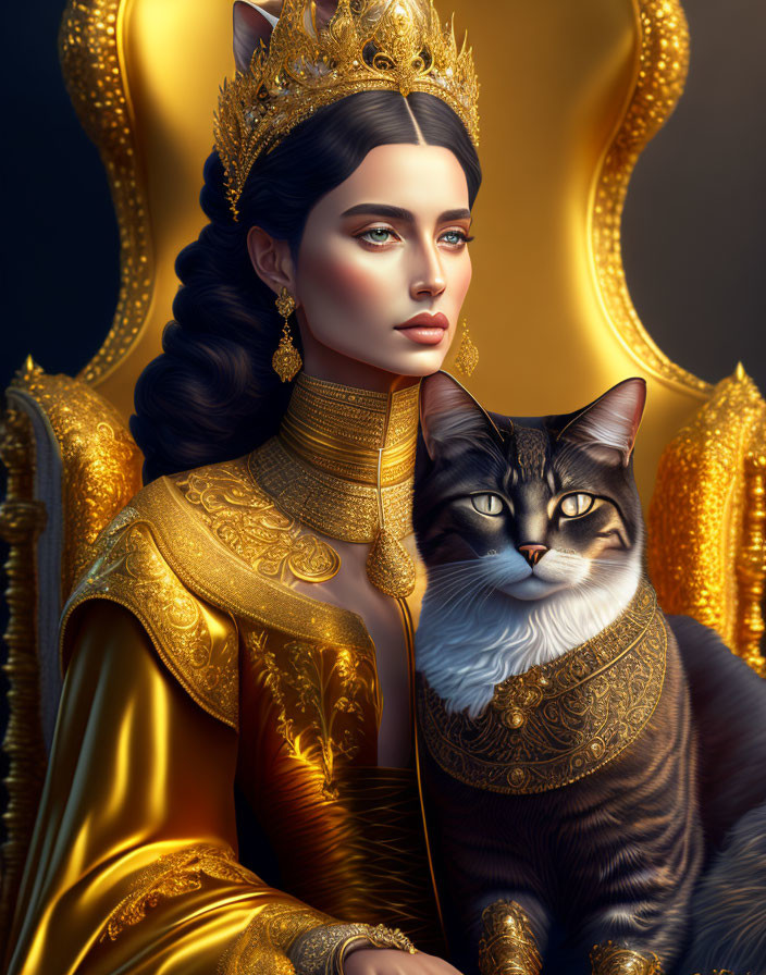 Regal woman in golden attire with ornate cat on gilded throne