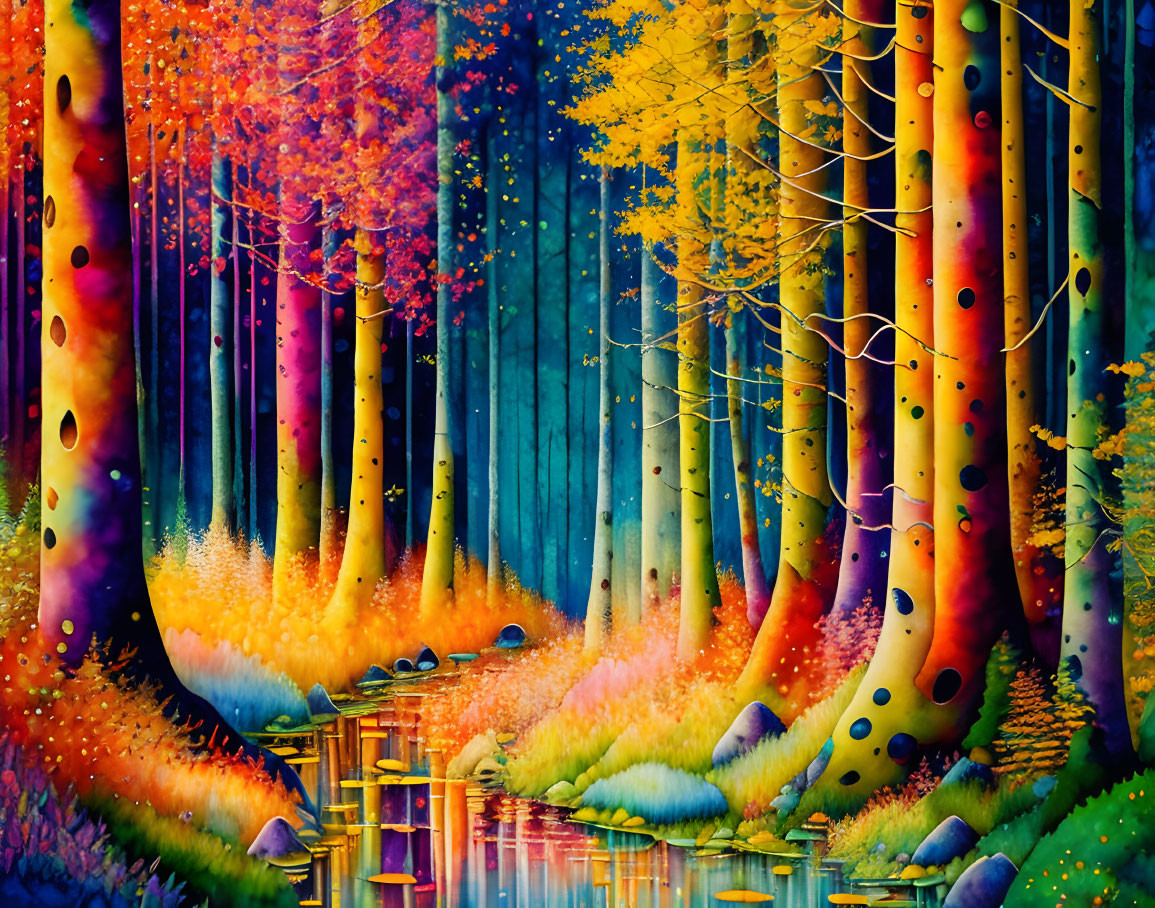 Colorful autumn forest reflected in tranquil river