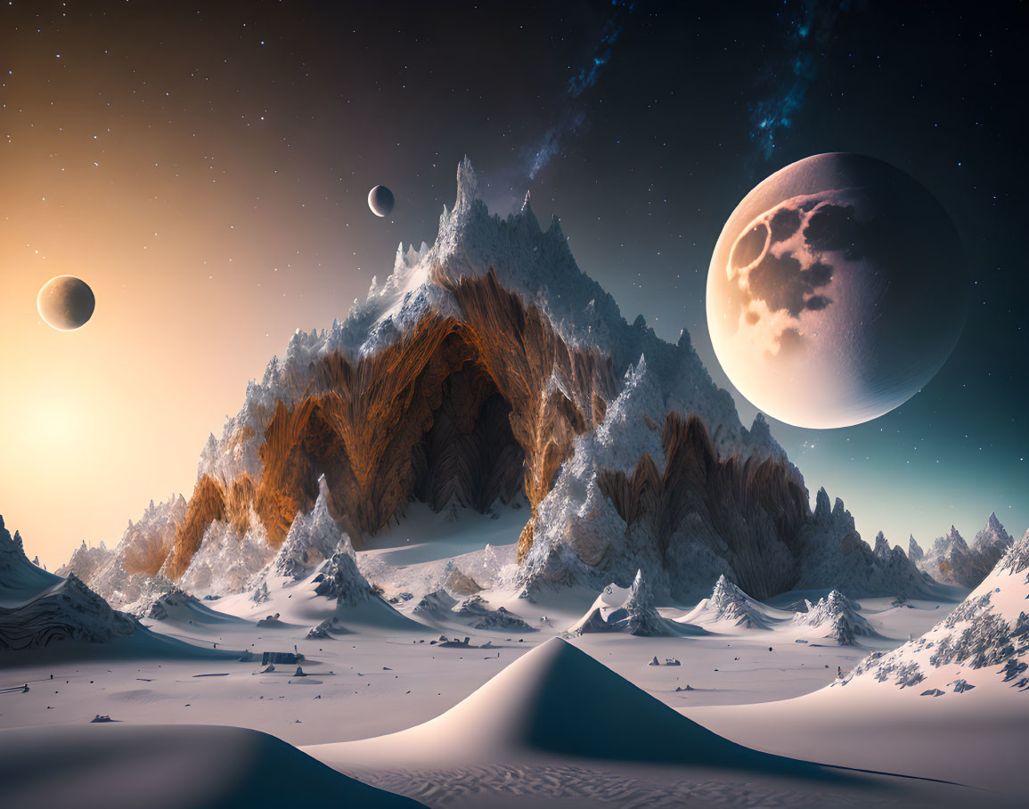 Snow-covered mountains under multiple moons in surreal landscape