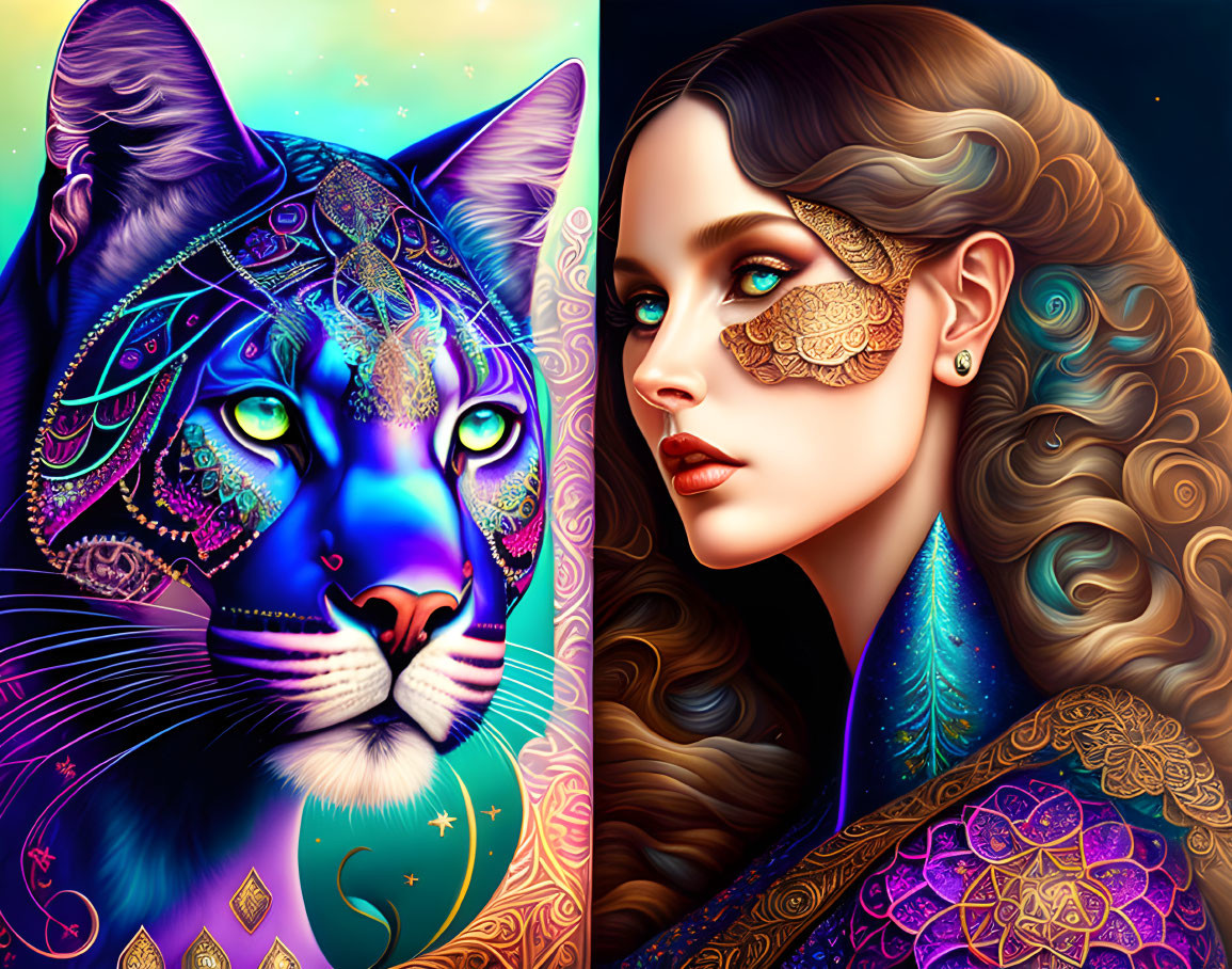 Colorful woman and blue leopard with mandala patterns on cosmic background