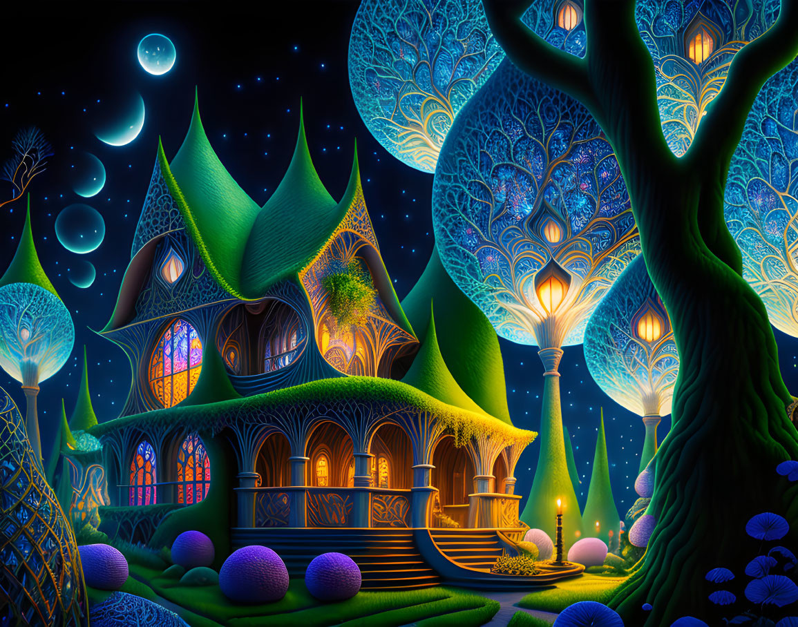 Vibrant whimsical treehouses in a glowing night scene