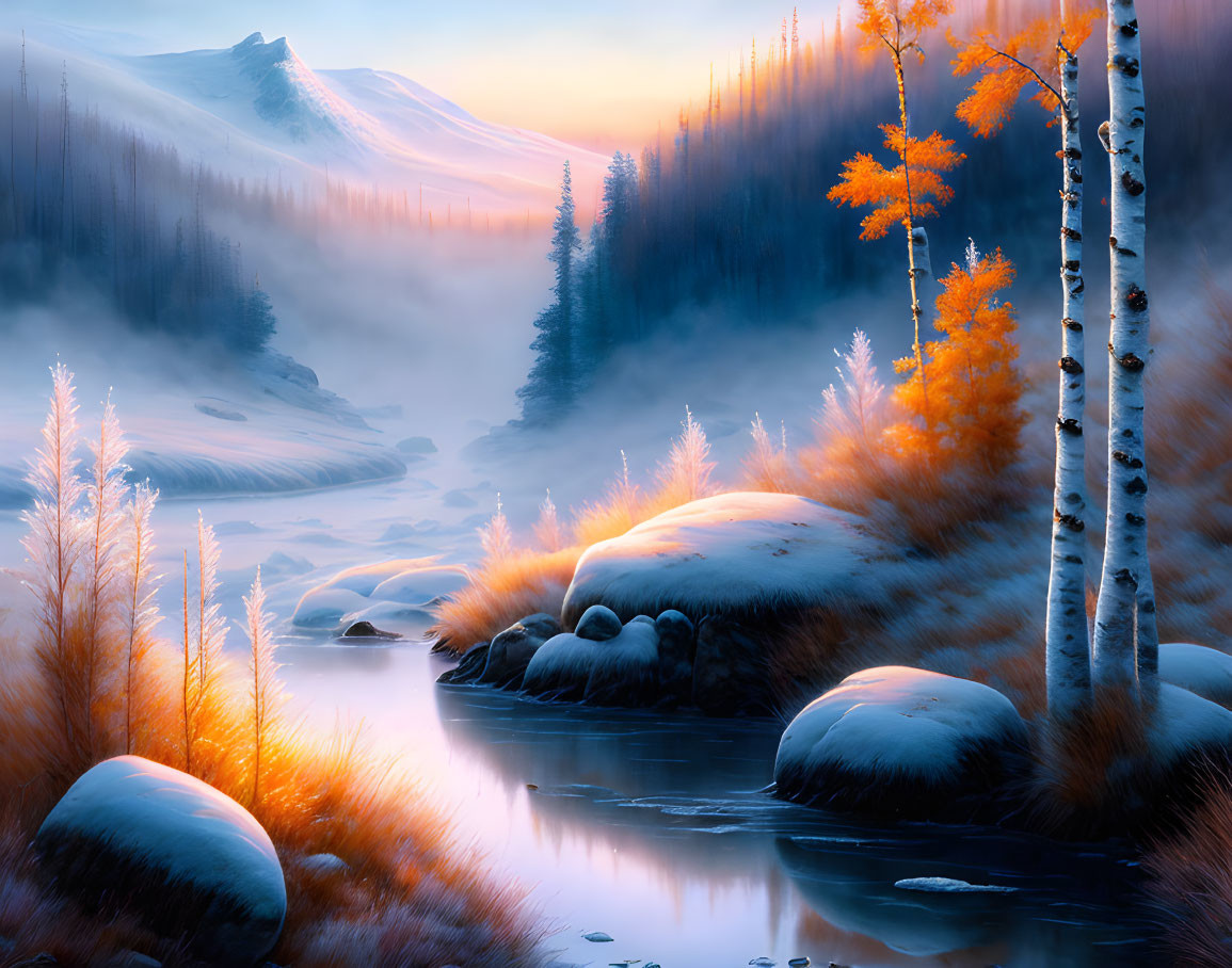 Misty river landscape with snow-covered rocks and autumn trees