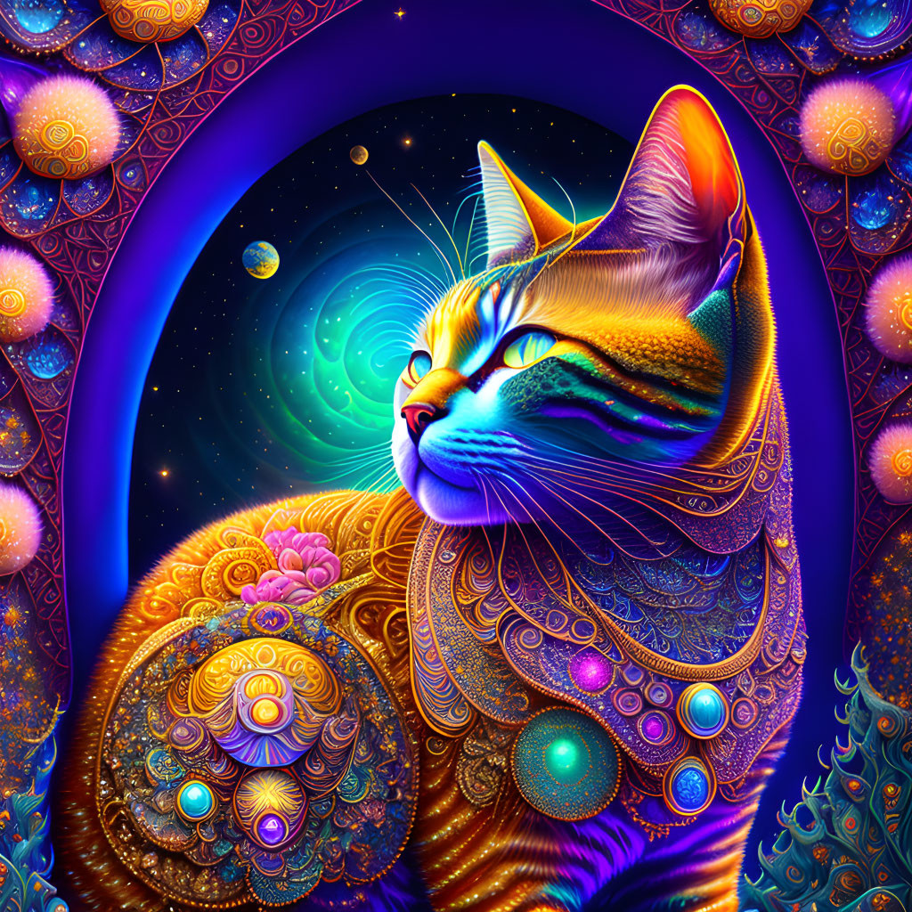 Colorful Psychedelic Cat Illustration with Cosmic Background